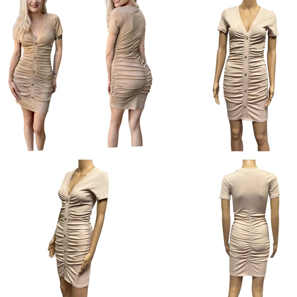 Beyove Ruched Bodycon Ribbed V Neck Button Front Short Sleeve Mini Dress Small